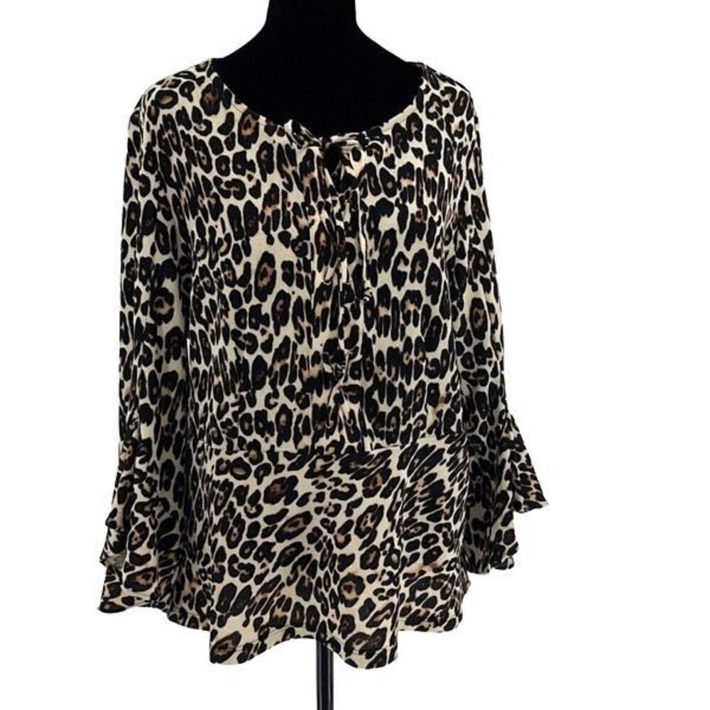 Chico's Womens Animal Print Bell Sleeve Lace-Up Peplum Blouse Black Tan Size 2